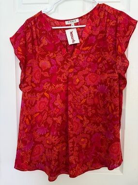 Chaus Red Pink Floral V-Neck Blouse